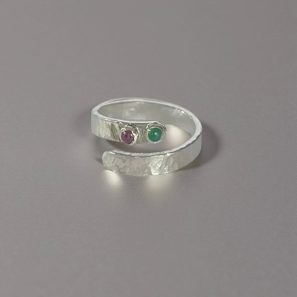 Sterling Silver Recycled Wrap Ring with Ruby & Emerald - Silver Lines Jewellery
