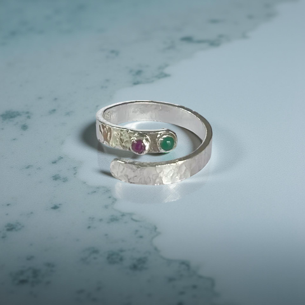 Sterling Silver Recycled Wrap Ring with Ruby & Emerald - Silver Lines Jewellery