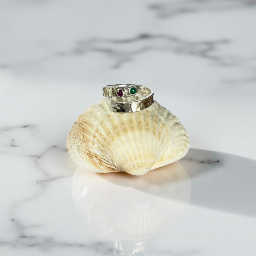 Sterling Silver Recycled Wrap Ring with Ruby & Emerald - Silver Lines Jewellery