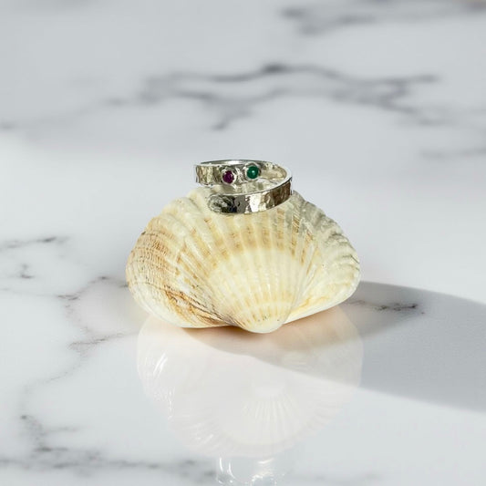 Sterling Silver Recycled Wrap Ring with Ruby & Emerald - Silver Lines Jewellery