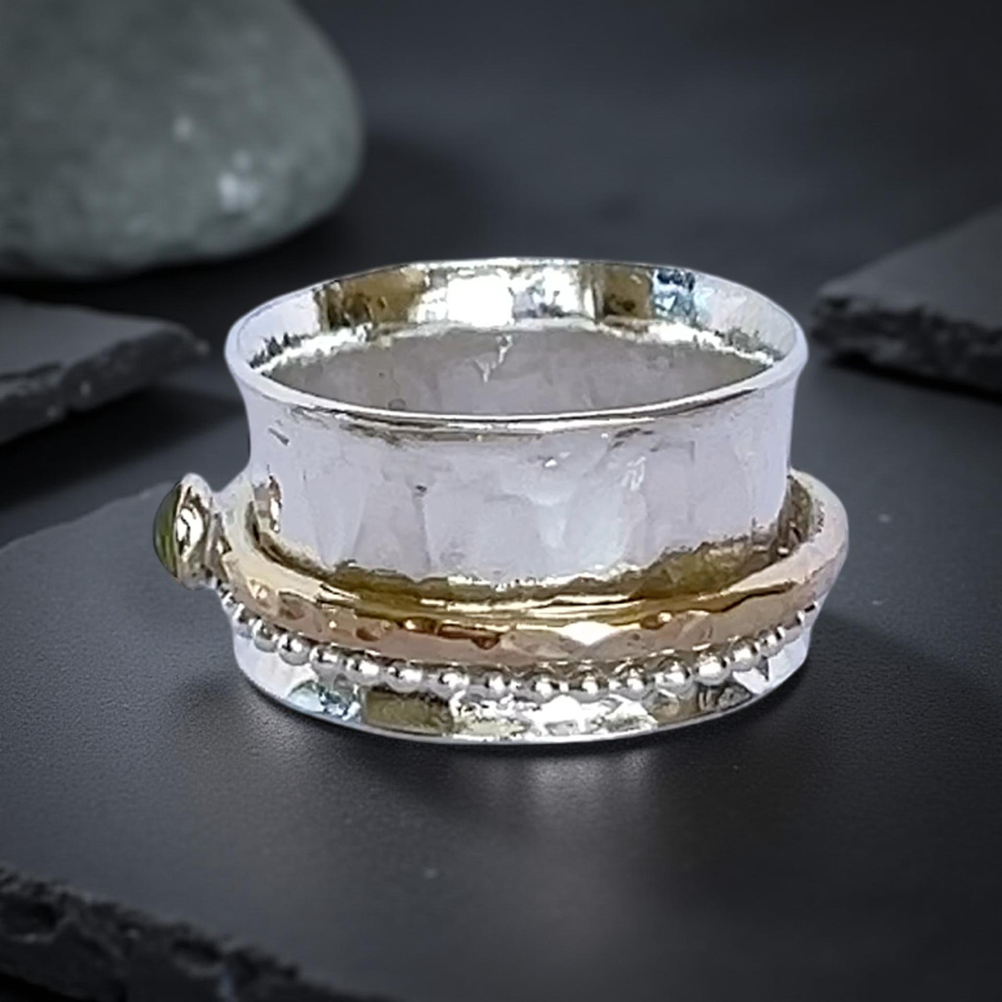 Silver Gold Spinner Ring With Peridot Gem - SilverLines Jewellery