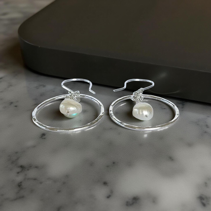 Silver Hoop Earrings  With Pearls