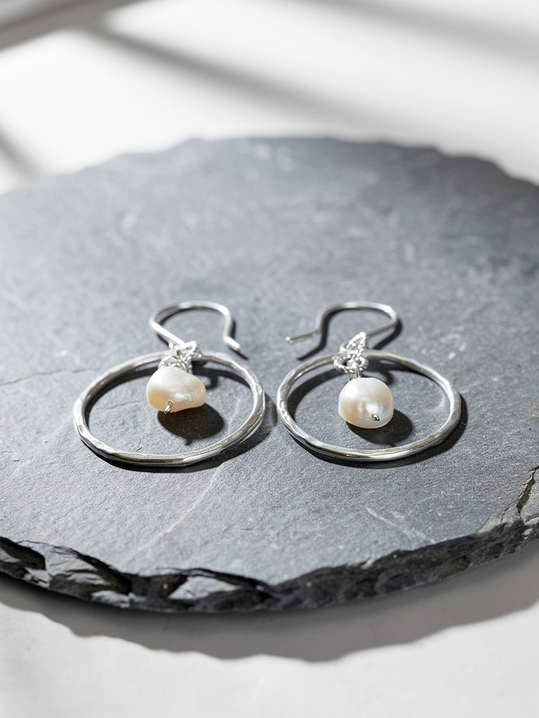 Silver Hoop Earrings  With Pearls