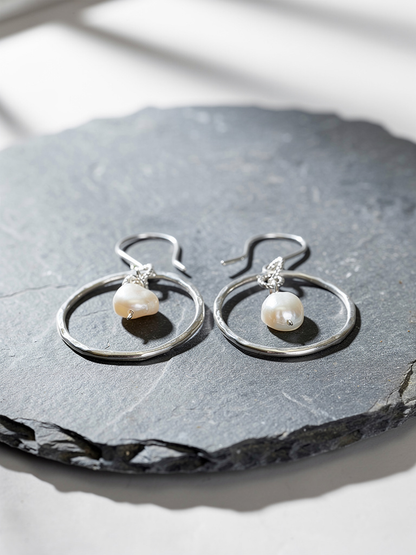 Silver Hoop Earrings  With Pearls