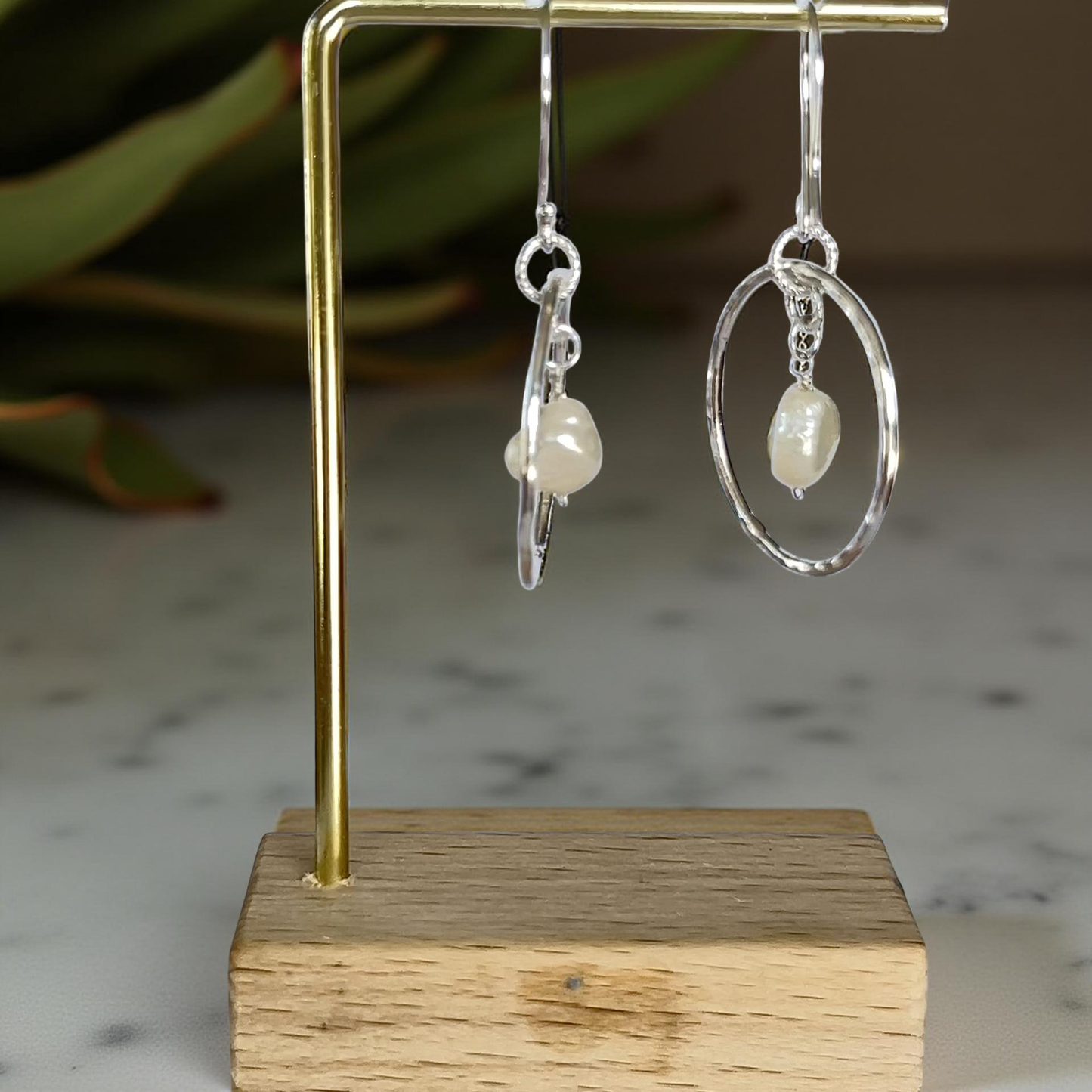 Silver Hoop Earrings  With Pearls