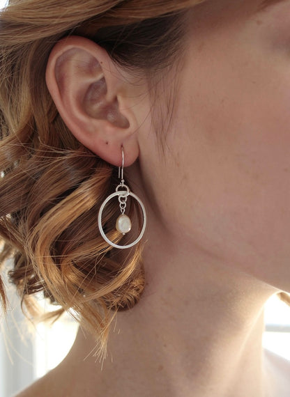 Silver Hoop Earrings  With Pearls