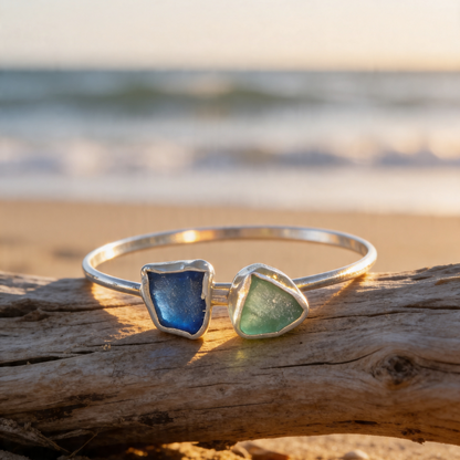 Sterling Silver Duo Sea Glass Bangle - Silver Lines Jewellery
