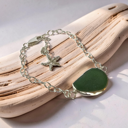 Bohemian  Silver Sea Glass Bracelet with sea Charm - Silver Lines Jewellery