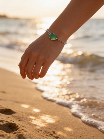 Bohemian  Silver Sea Glass Bracelet with sea Charm - Silver Lines Jewellery