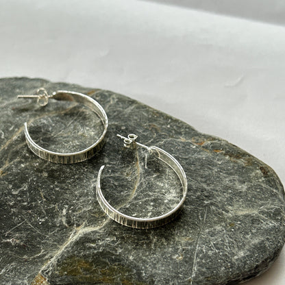 Textured Silver Hoop Earrings - Silver Lines Jewellery
