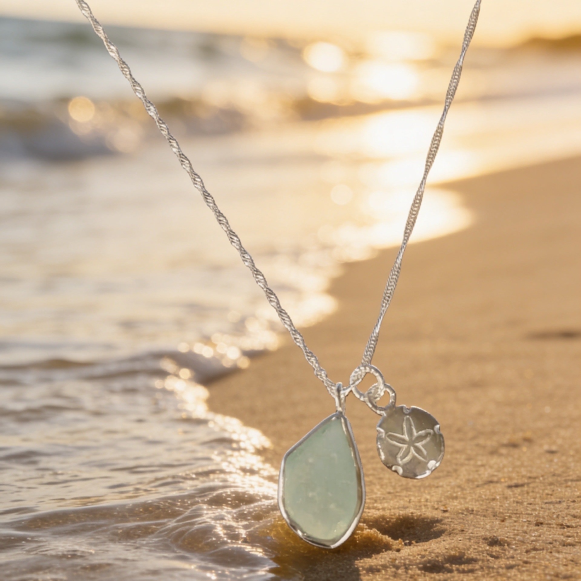 Ocean Drift Sea Glass & Sand Dollar Necklace - SilverLines Jewellery