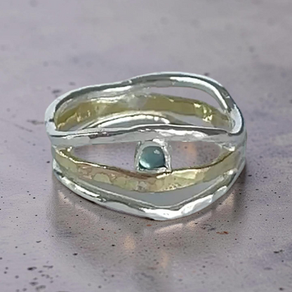 Silver & Gold Wave Ring With Topaz - Silver Lines Jewellery
