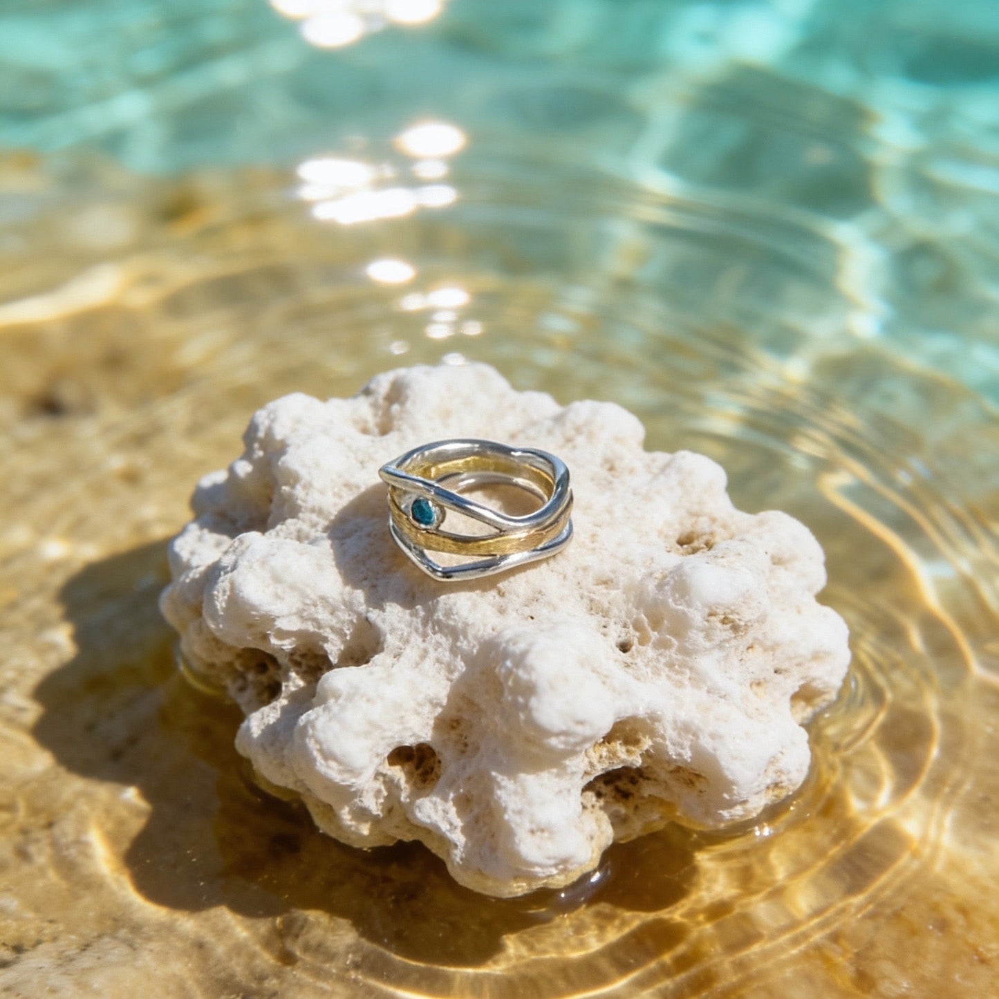Silver & Gold Wave Ring With Topaz - Silver Lines Jewellery