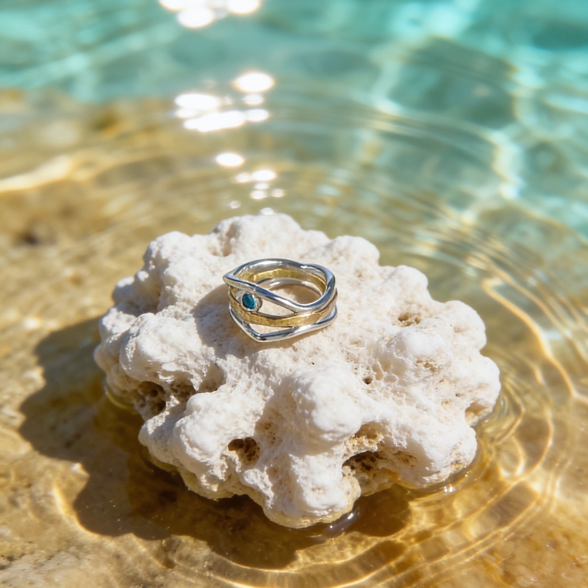 Silver & Gold Wave Ring With Topaz - Silver Lines Jewellery