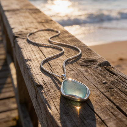 Handcrafted Silver Sea Glass Necklace - Silver Lines Jewellery