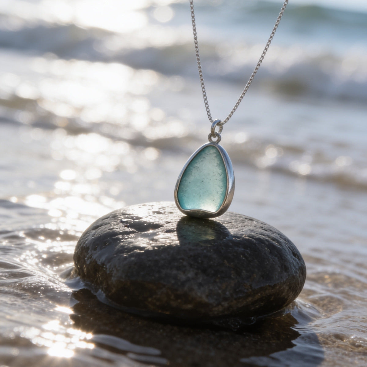 Handcrafted Silver Sea Glass Necklace - Silver Lines Jewellery