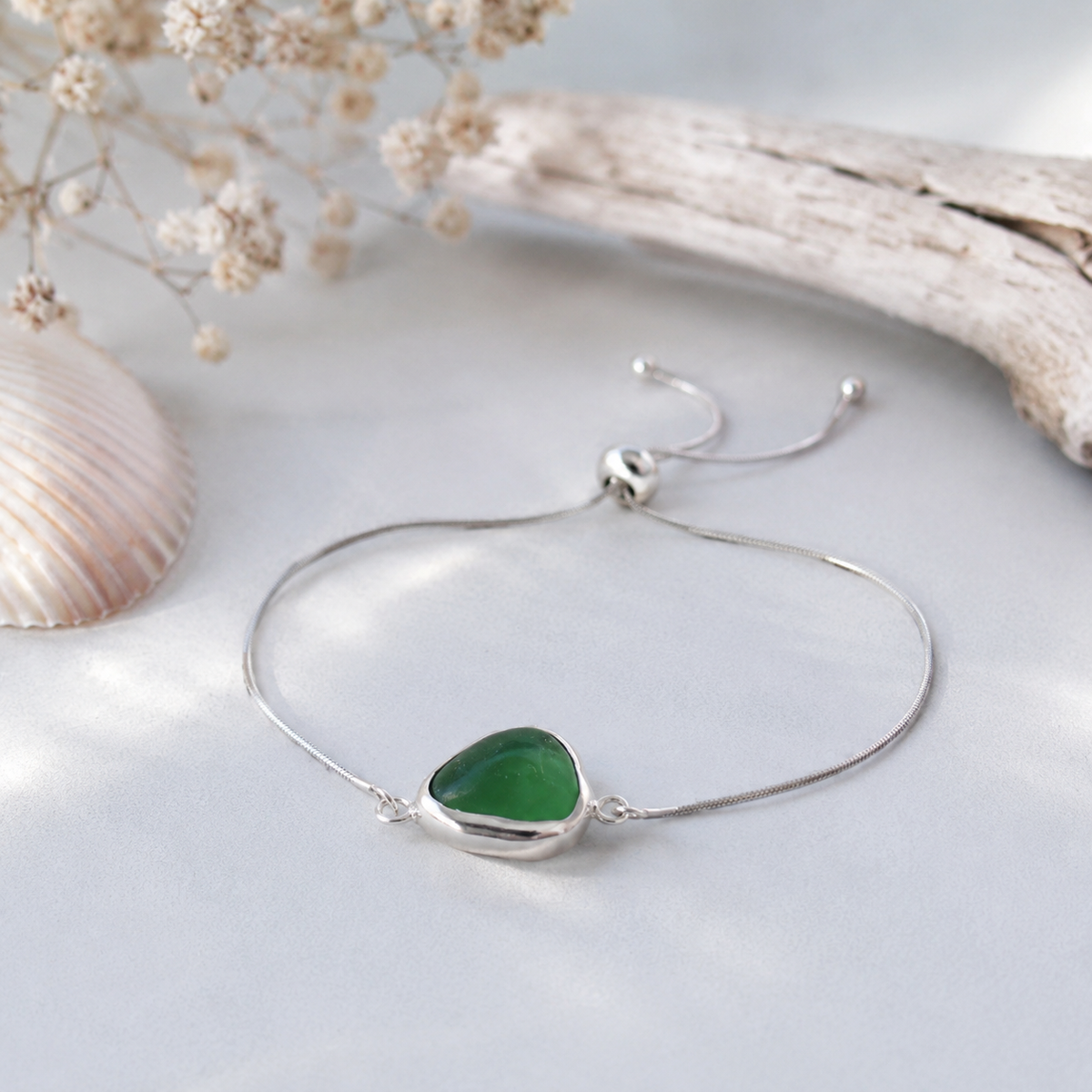 Coastal Sea Glass Silver Adjustable Bracelet - Silver Lines Jewellery