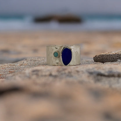 Rippling Sea Glass Ring with Turquoise - Silver Lines Jewellery
