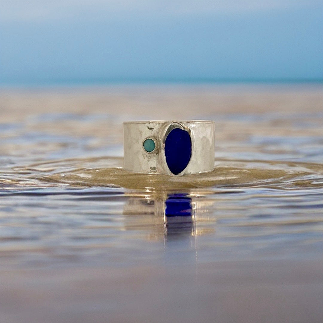 Rippling Sea Glass Ring with Turquoise - Silver Lines Jewellery