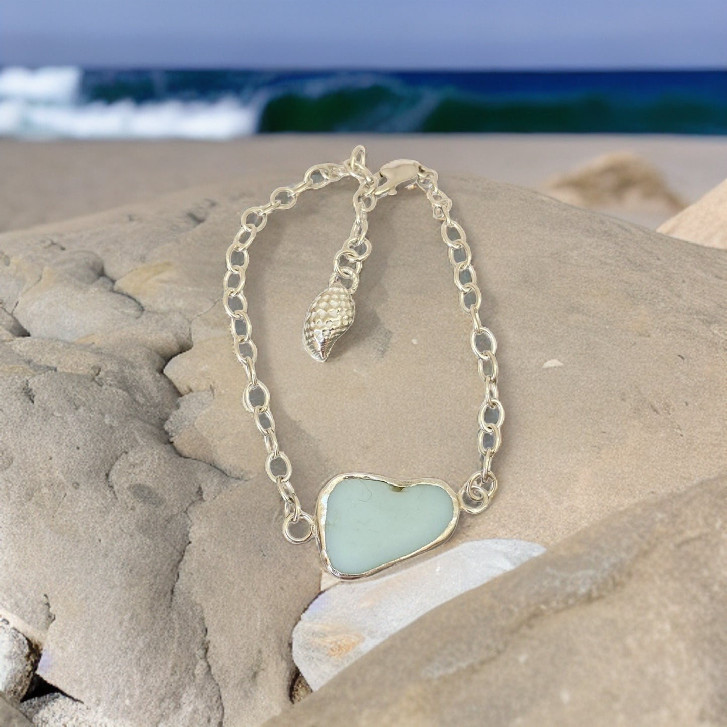 Sea Glass Bracelet Seashell Charm - Silver Lines Jewellery