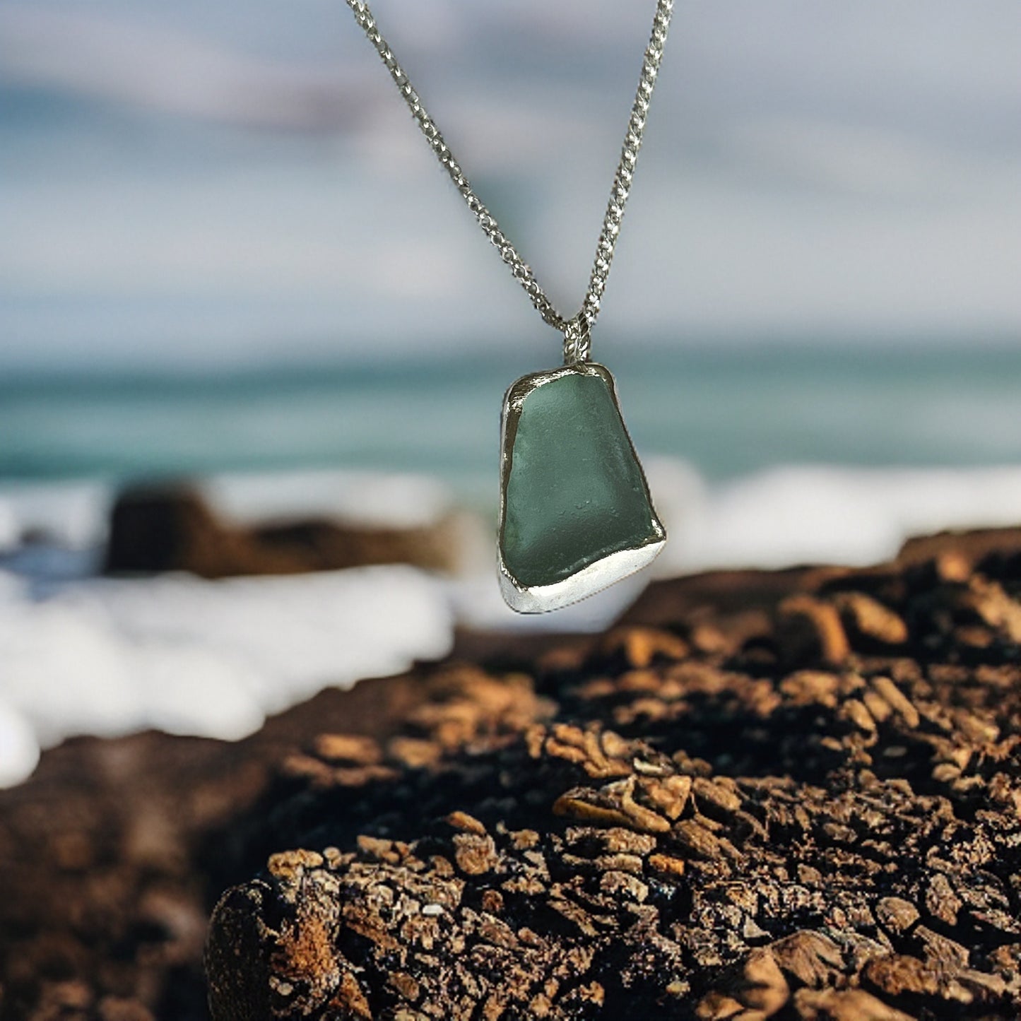 Ocean Sea Glass Necklace Sea Foam - Silver Lines Jewellery