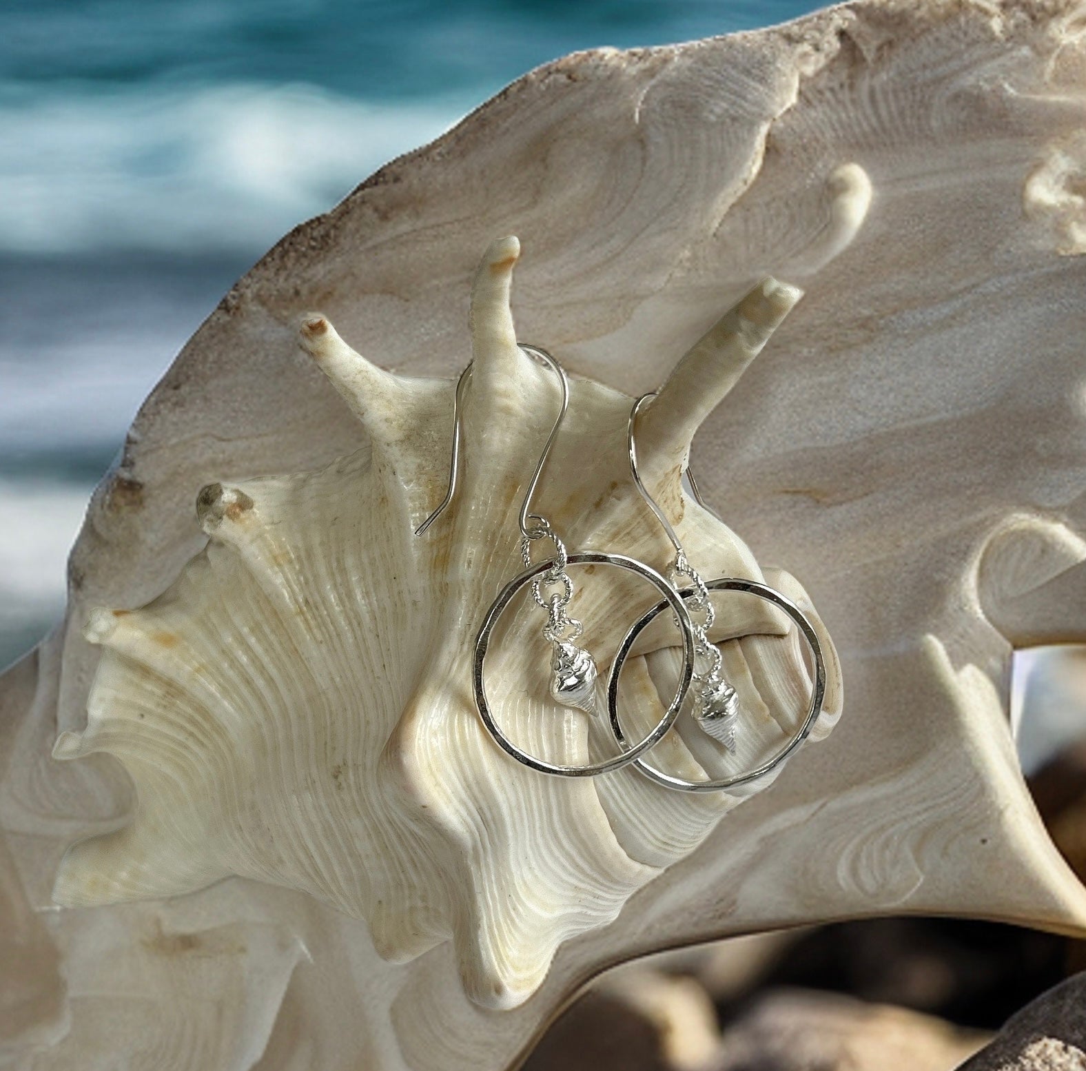Mermaid Sea Shell Silver Hoop Earrings, - Silver Lines Jewellery