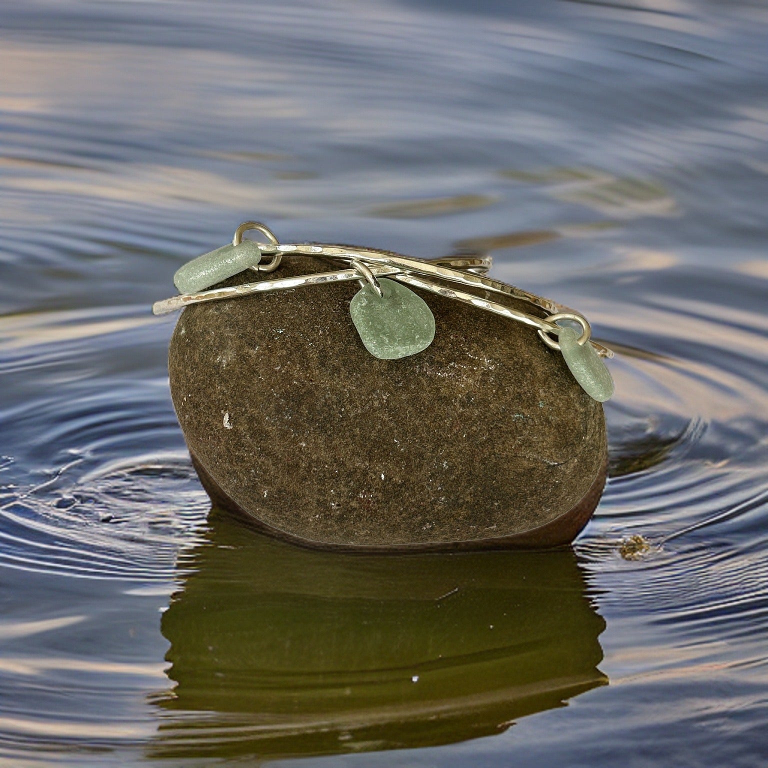 Silver Trio Interlinked Bangle With Sea Glass Charms - Silver Lines Jewellery