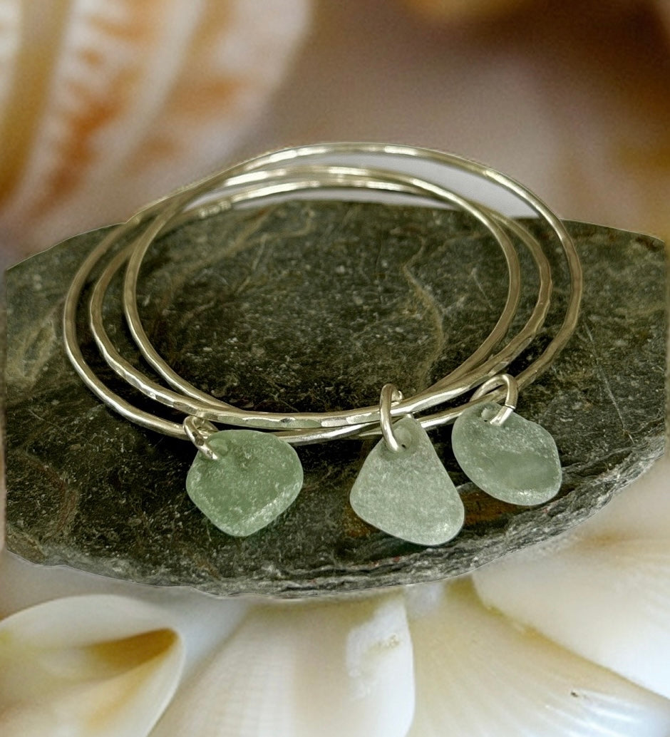 Silver Trio Interlinked Bangle With Sea Glass Charms - Silver Lines Jewellery