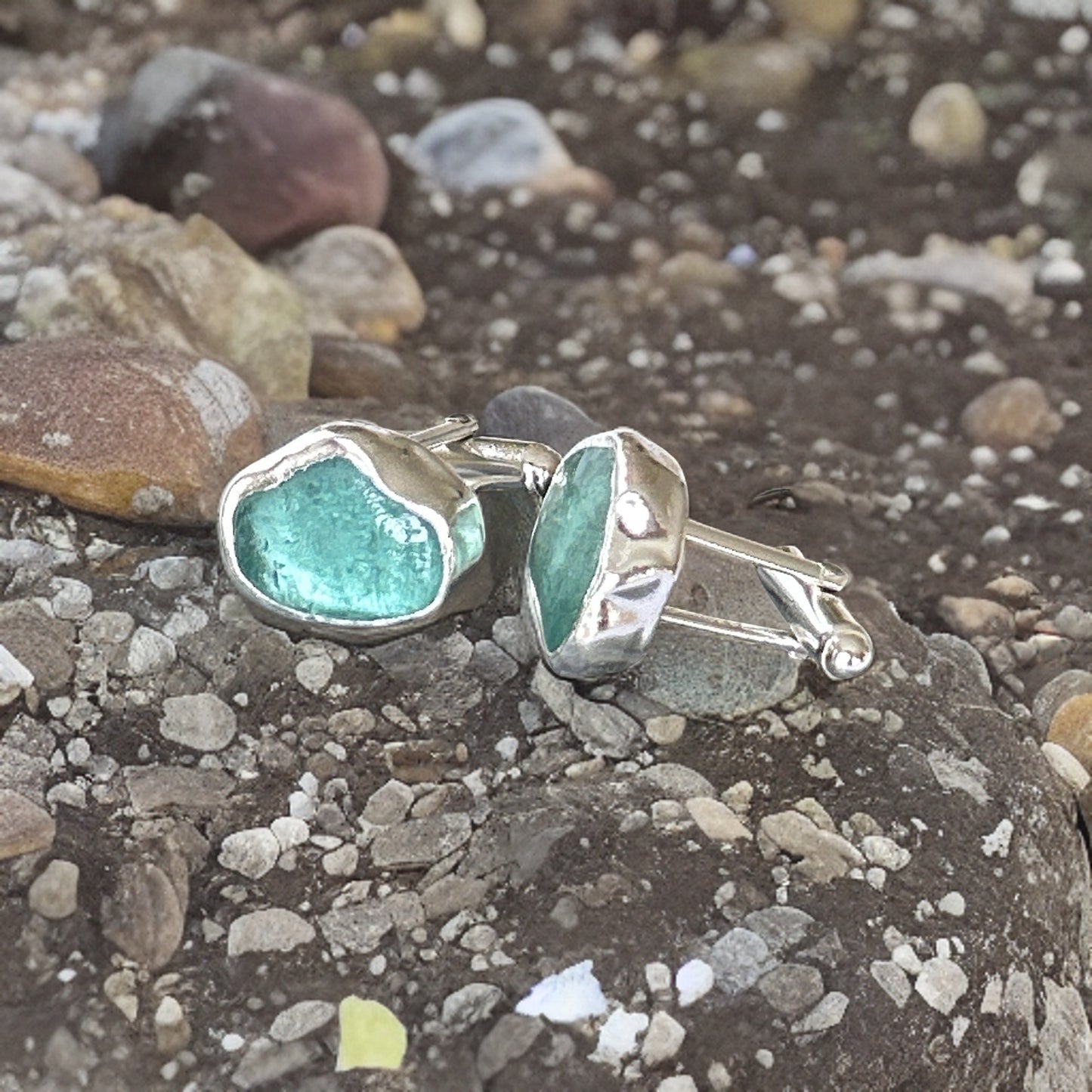 Ocean Sea Glass Cuff Links - Silver Lines Jewellery