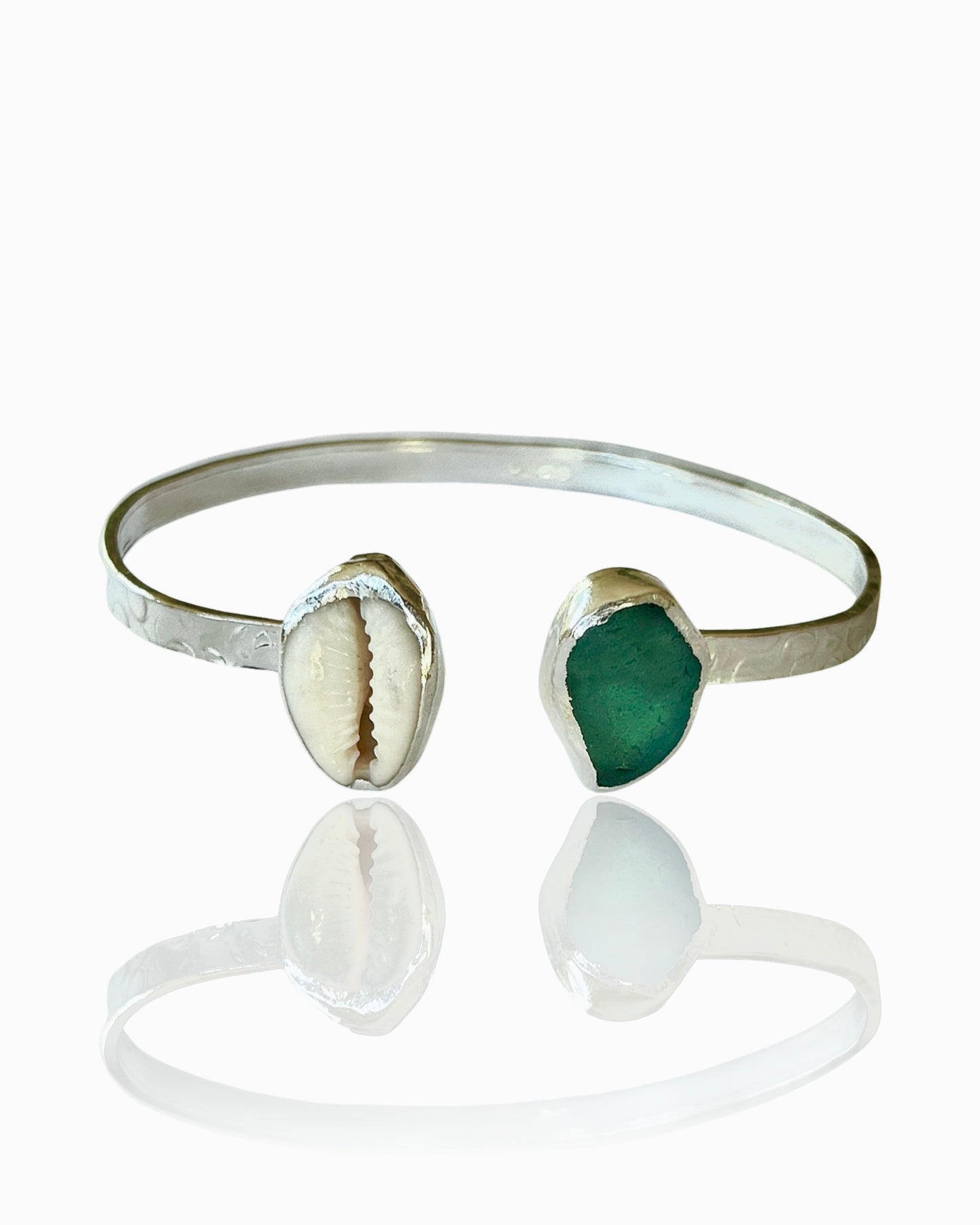 Sea Glass Seashell  Cuff Bangle - Silver Lines Jewellery