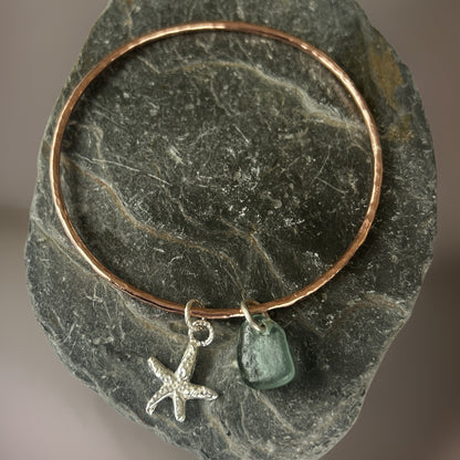 Copper Bangle with Charm and Sea Glass - Silver Lines Jewellery