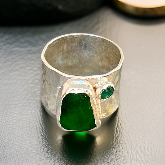 Emerald Green Ring with sea glass and emerald