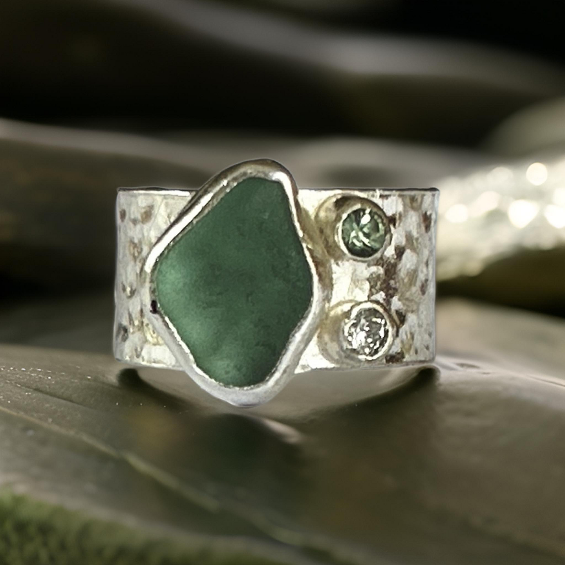 Silver Ring With Sea Glass Diamond And Green Sapphire. - Silver Lines Jewellery