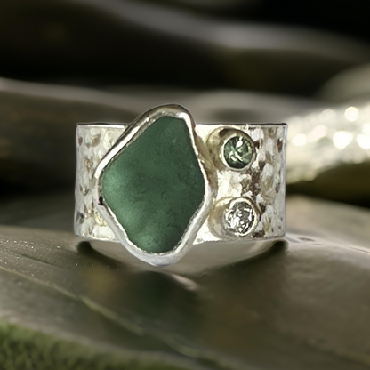 Silver Ring With Sea Glass Diamond And Green Sapphire. - Silver Lines Jewellery