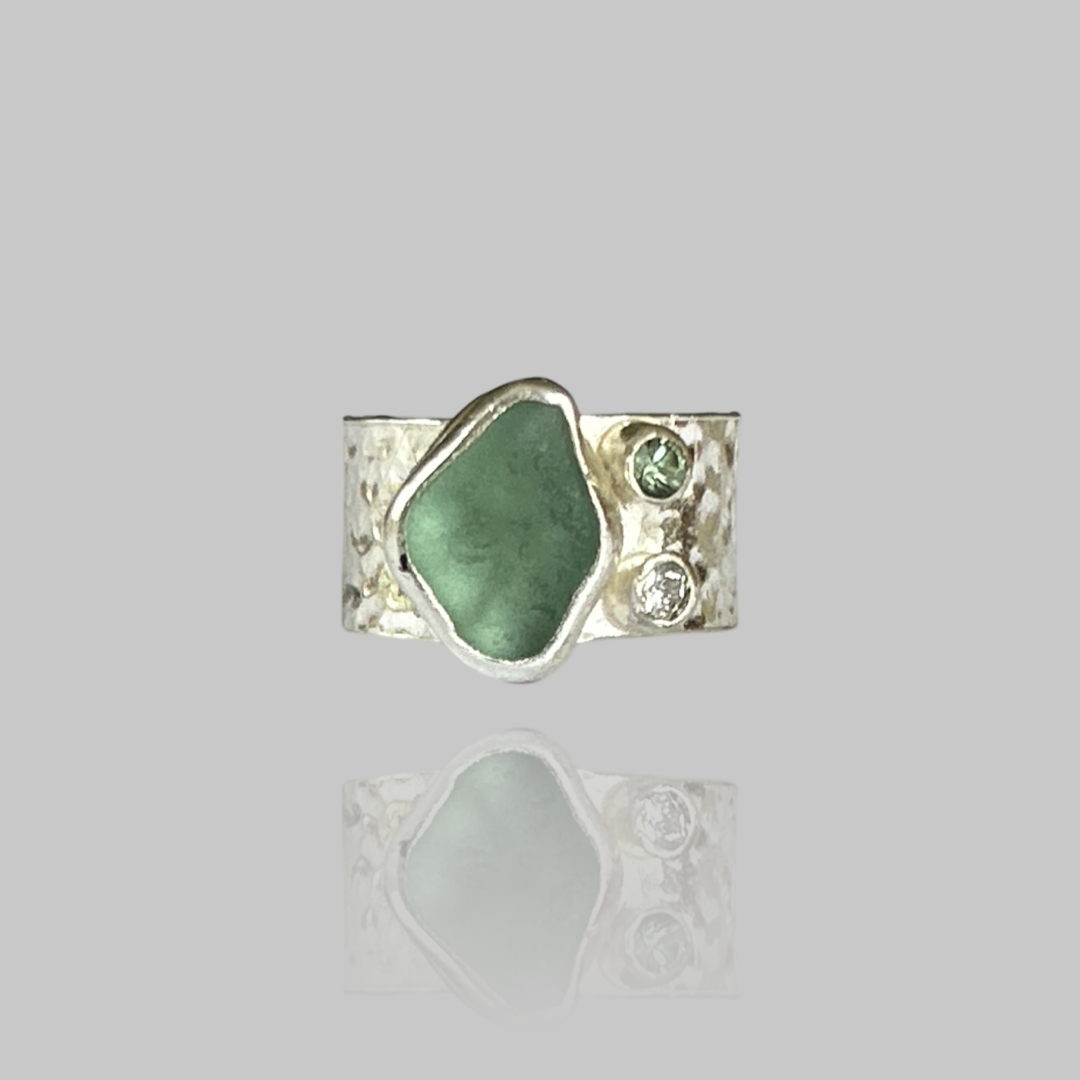 Silver Ring With Sea Glass Diamond And Green Sapphire. - Silver Lines Jewellery