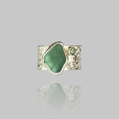 Silver Ring With Sea Glass Diamond And Green Sapphire. - Silver Lines Jewellery