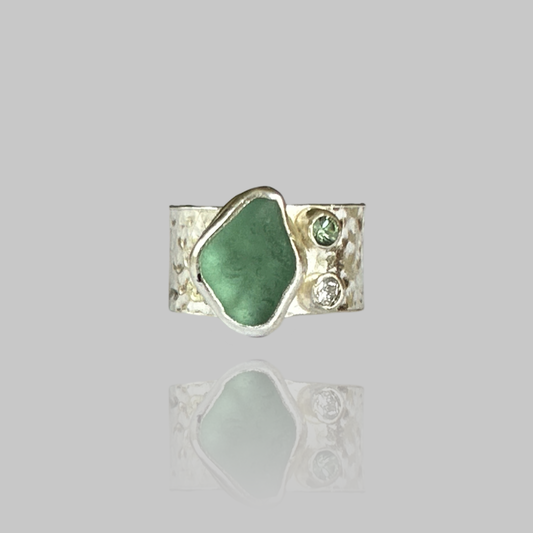 Silver Ring With Sea Glass Diamond And Green Sapphire. - Silver Lines Jewellery