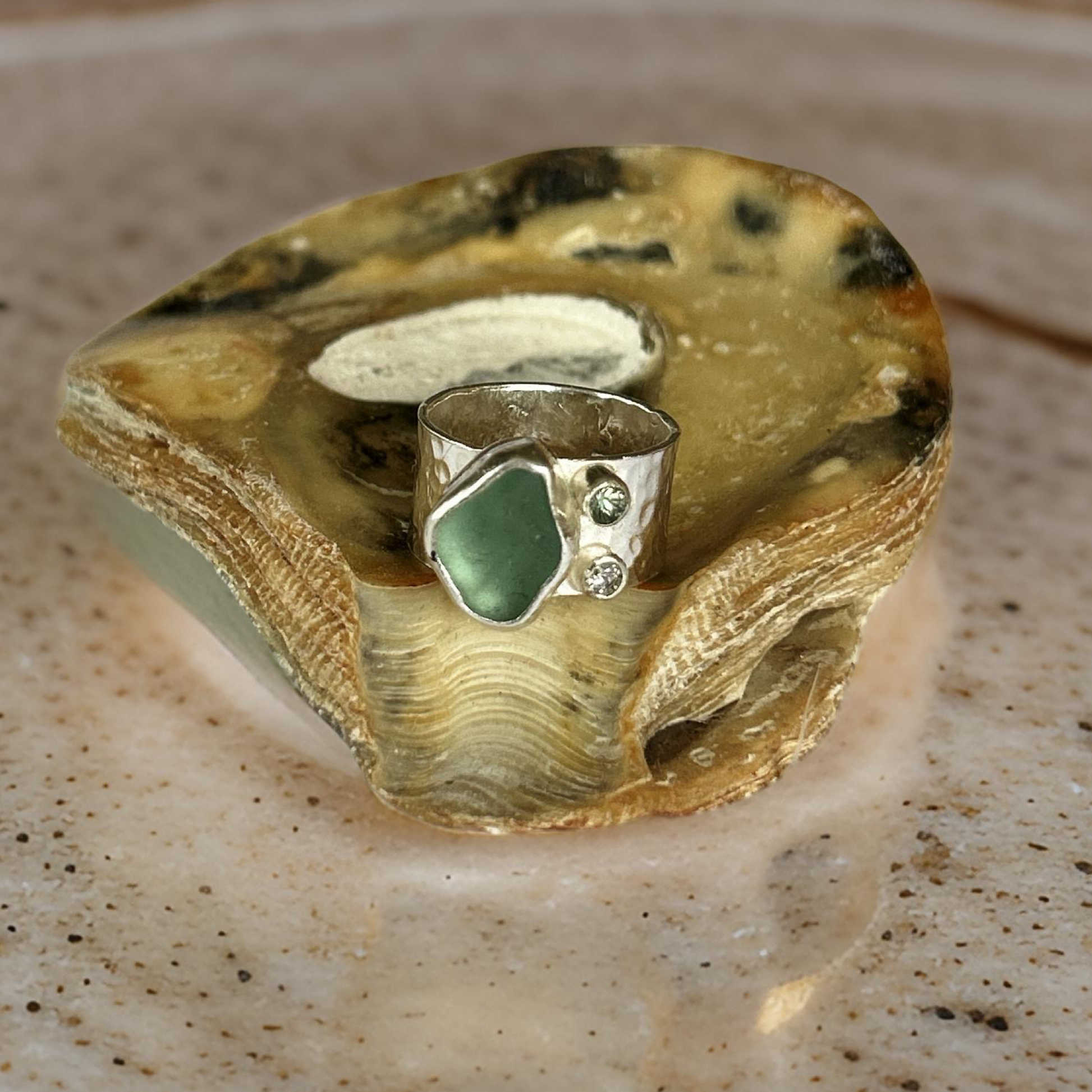 Silver Ring With Sea Glass Diamond And Green Sapphire. - Silver Lines Jewellery