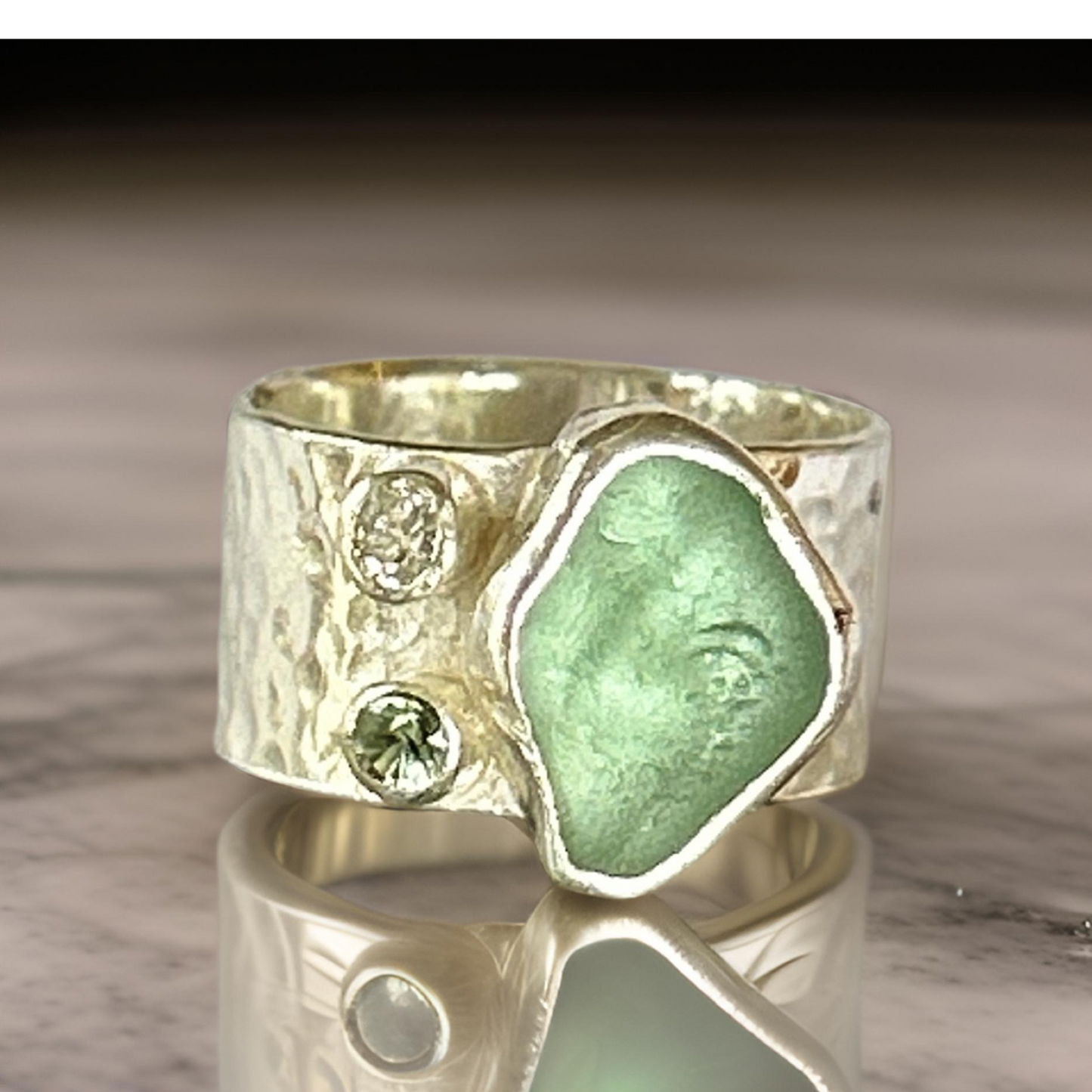 Silver Ring With Sea Glass Diamond And Green Sapphire. - Silver Lines Jewellery