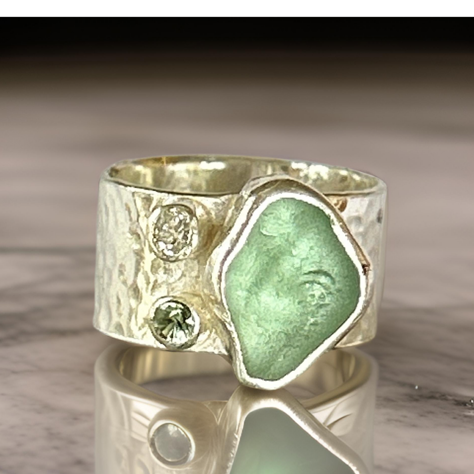 Silver Ring With Sea Glass Diamond And Green Sapphire. - Silver Lines Jewellery