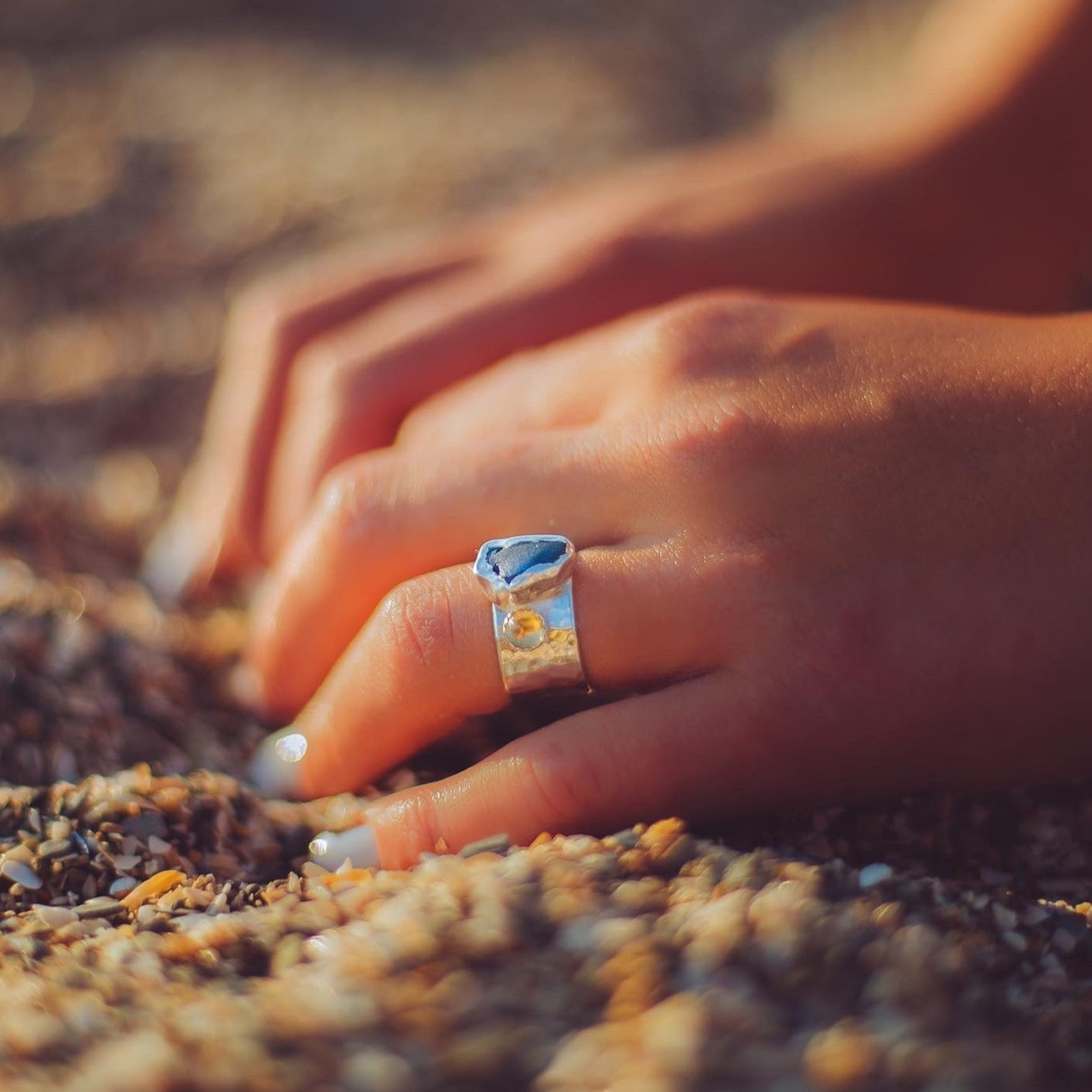 Rippling Sea Glass Silver Ring with Citrine - Love Beach Beads