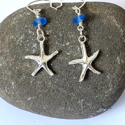 Silver Starfish Earrings with Sea Glass - Love Beach Beads