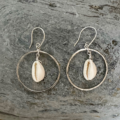 Silver Hoops with Cowrie Shell - Love Beach Beads