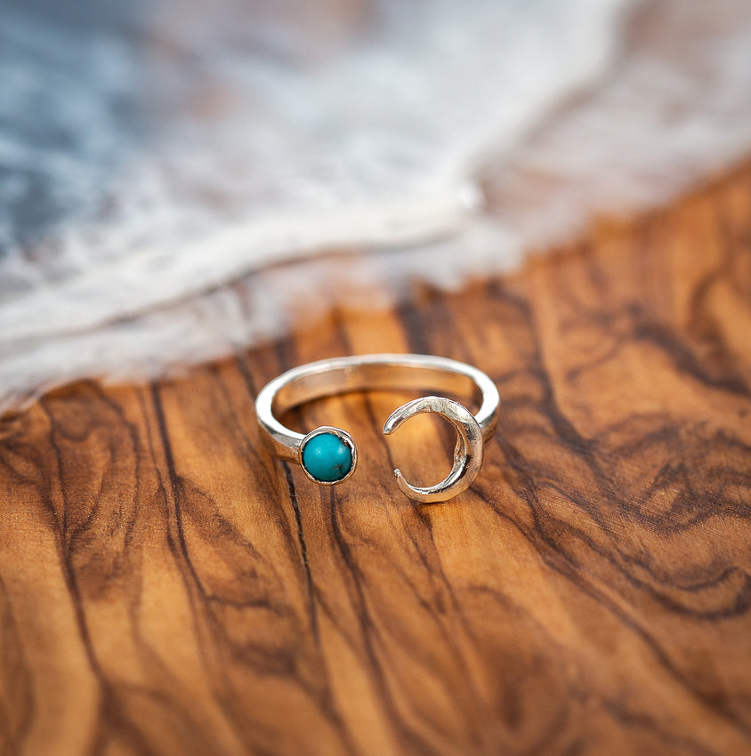 Turquoise Silver Moon Ring - Love Beach Beads