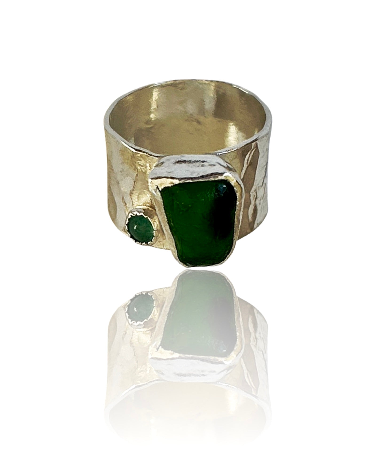 Emerald Green Ring with sea glass and emerald - Silver Lines Jewellery