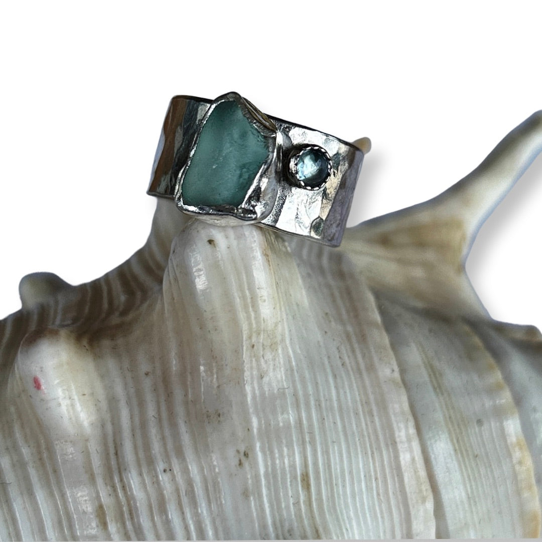 Sea Glass And Topaz Ring - Silver Lines Jewellery