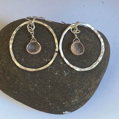 Rose Quartz Silver Hoop Earrings - Love Beach Beads