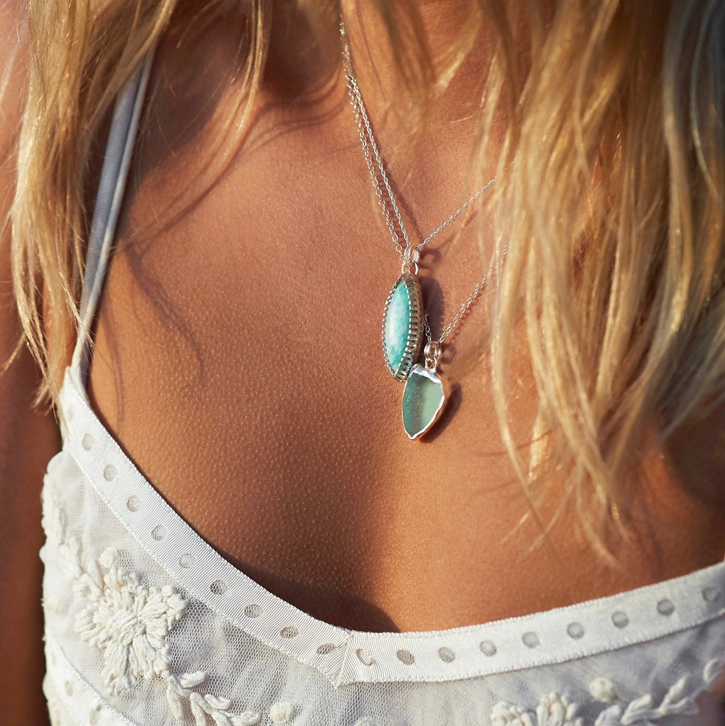 Ocean Sea Glass Necklace Sea Foam - Silver Lines Jewellery