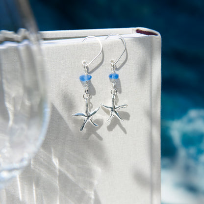 Silver Starfish Earrings with Sea Glass - Love Beach Beads