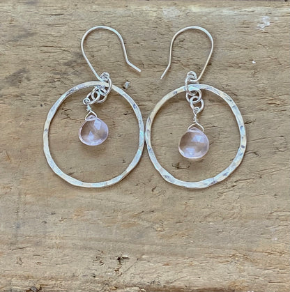 Rose Quartz Silver Hoop Earrings - Love Beach Beads